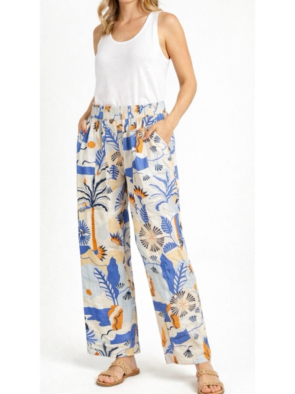 Nicole Miller Tropical Print 3 pce Linen Pants Set - Picture 2 of 11